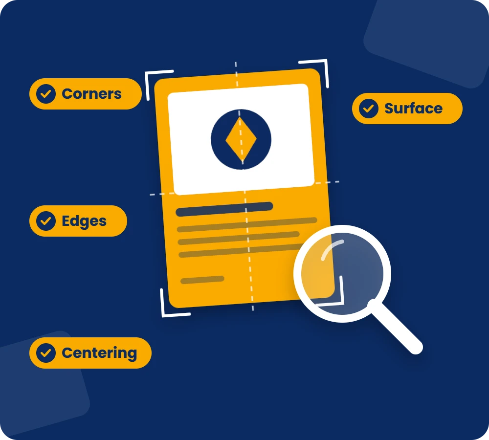 Illustration of a trading card being checked for corners, edges, surface and centering